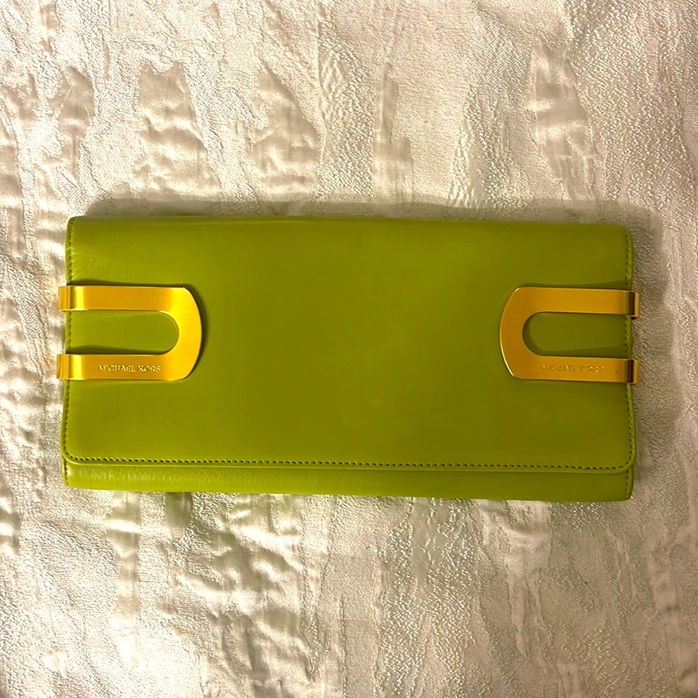 Michael Kors green/gold clutch